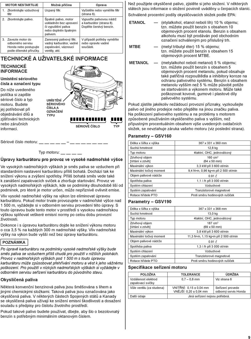 Zanesený palivový filtr, vadný karburátor, vadné zapalování, váznoucí ventily, atd. Vyčistěte nebo vyměňte filtr (strana 6). Vypusťte palivovou nádrž a karburátor (strana 8). Doplňte čerstvý benzín.