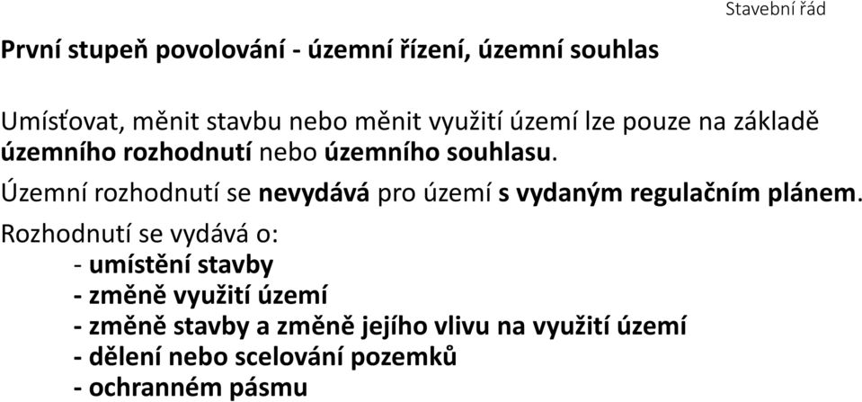 Územní rozhodnutí se nevydává pro území s vydaným regulačním plánem.