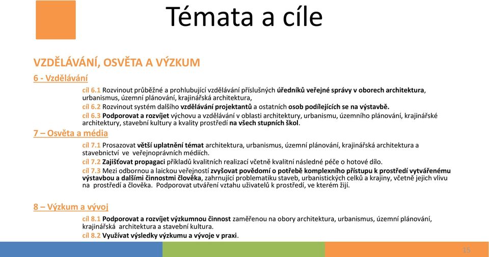 2 Rozvinout systém dalšího vzdělávání projektantů a ostatních osob podílejících se na výstavbě. cíl 6.