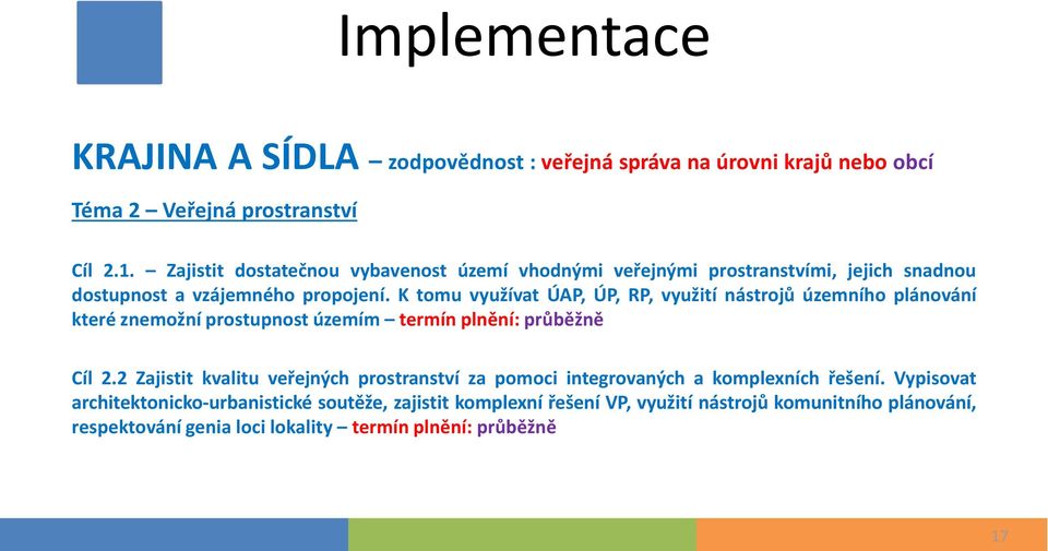 K tomu využívat ÚAP, ÚP, RP, využití nástrojů územního plánování které znemožní prostupnost územím termín plnění: průběžně Cíl 2.