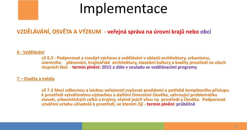 škol - termín plnění: 2015 a dále v souladu se vzdělávacími programy 7 Osvěta a média cíl 7.