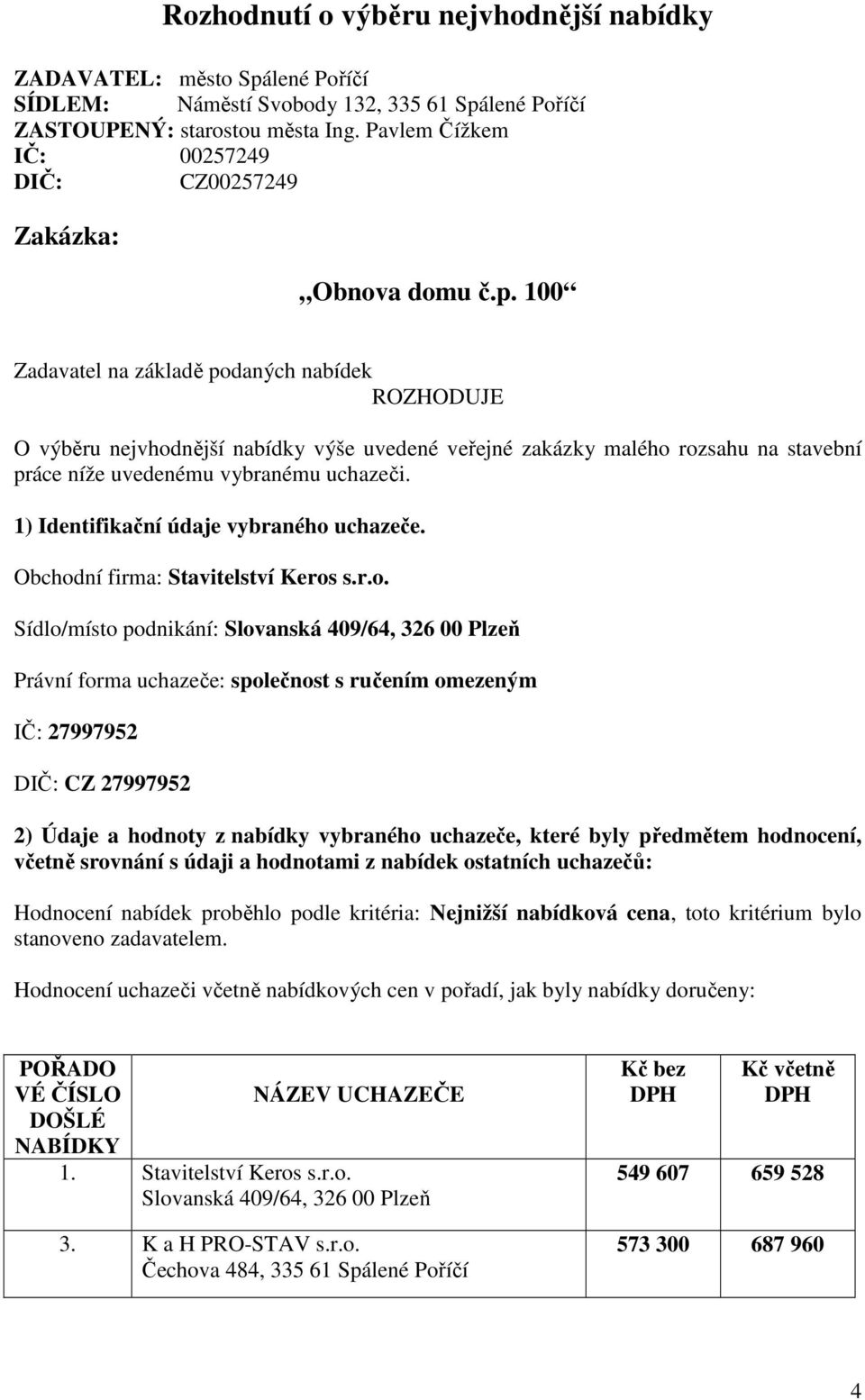 100 Zadavatel na základě podaných nabídek ROZHODUJE O výběru nejvhodnější nabídky výše uvedené veřejné zakázky malého rozsahu na stavební práce níže uvedenému vybranému uchazeči.