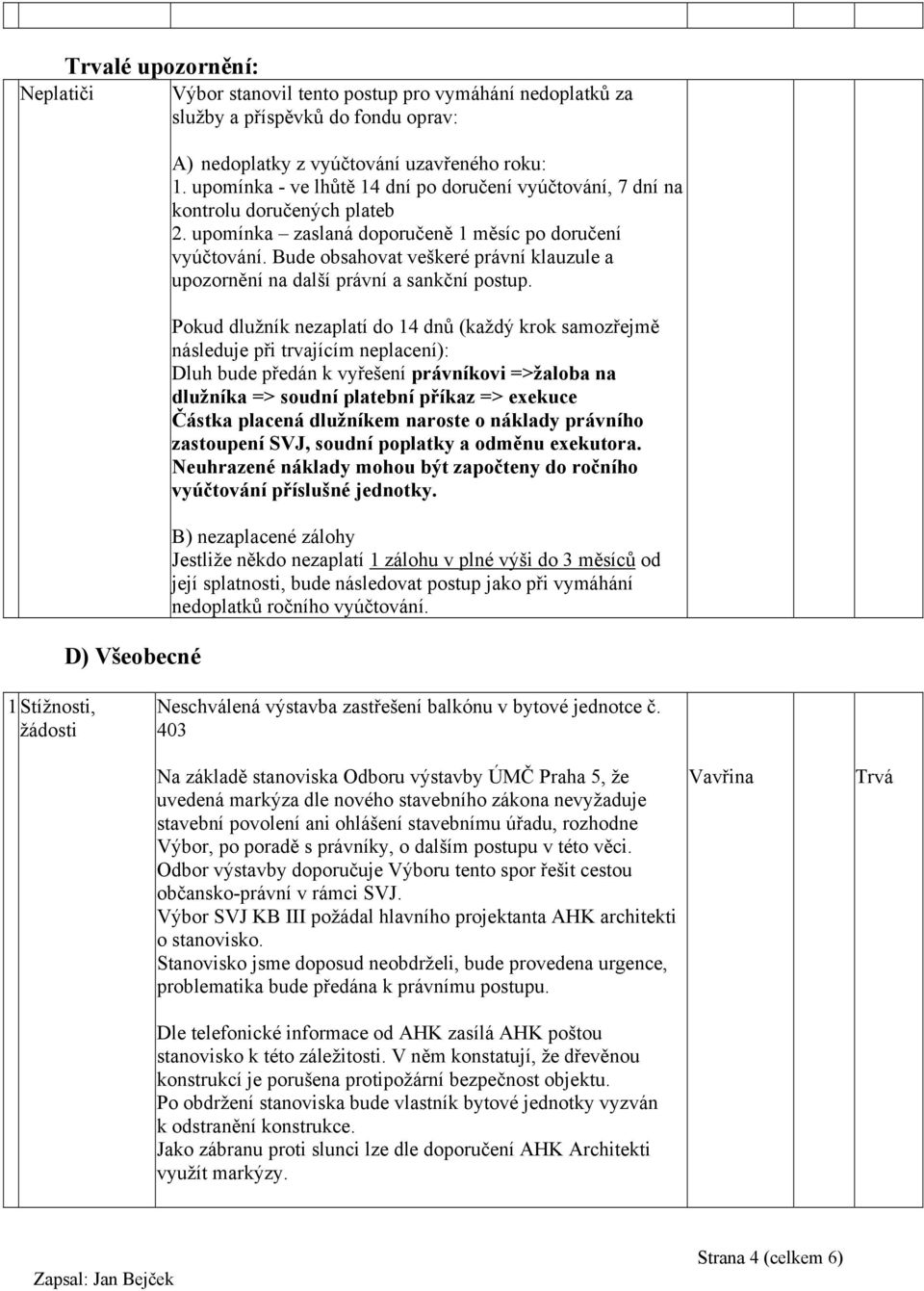 Bude obsahovat veškeré právní klauzule a upozornění na další právní a sankční postup.