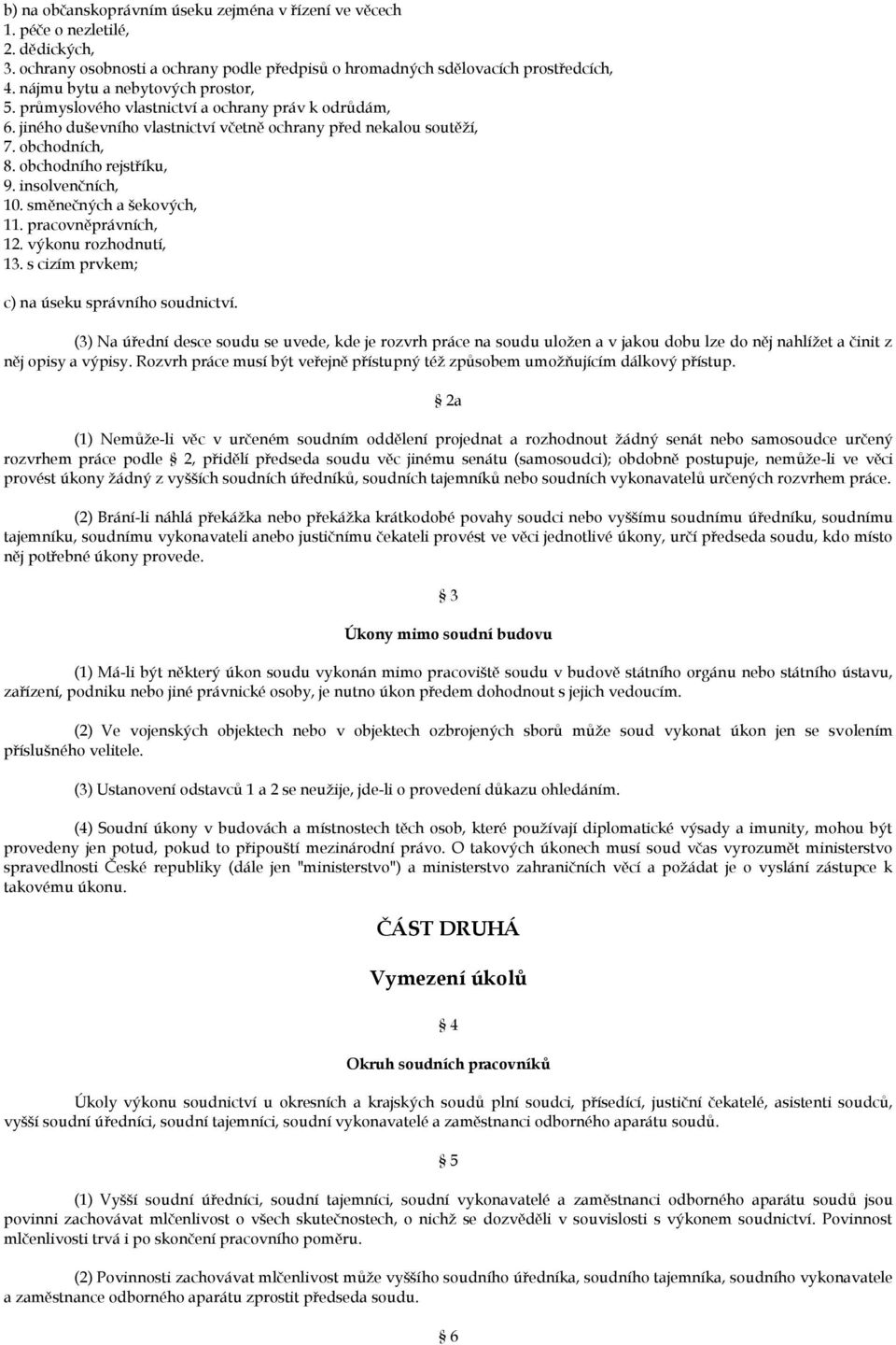 insolvenčních, 10. směnečných a šekových, 11. pracovněprávních, 12. výkonu rozhodnutí, 13. s cizím prvkem; c) na úseku správního soudnictví.