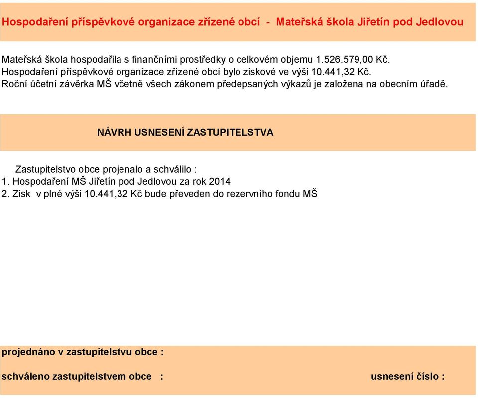 Roční účetní závěrka MŠ včetně všech zákonem předepsaných výkazů je založena na obecním úřadě.