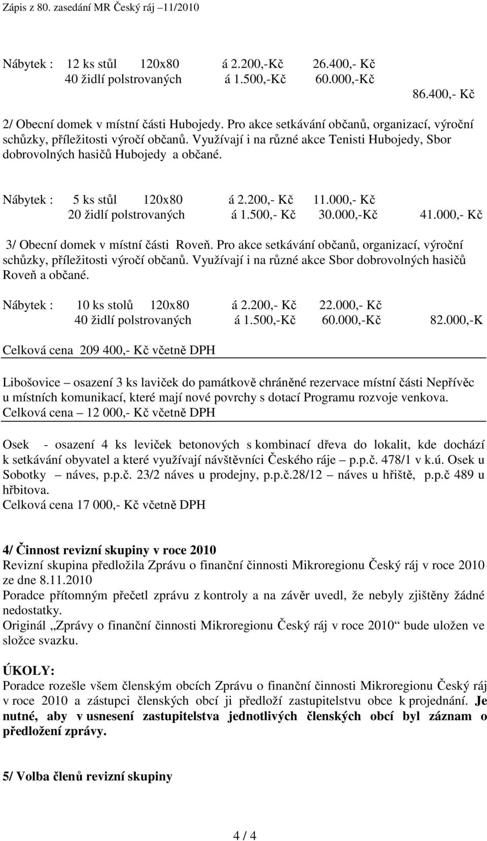 Nábytek : 5 ks stůl 120x80 á 2.200,- Kč 11.000,- Kč 20 židlí polstrovaných á 1.500,- Kč 30.000,-Kč 41.000,- Kč 3/ Obecní domek v místní části Roveň.