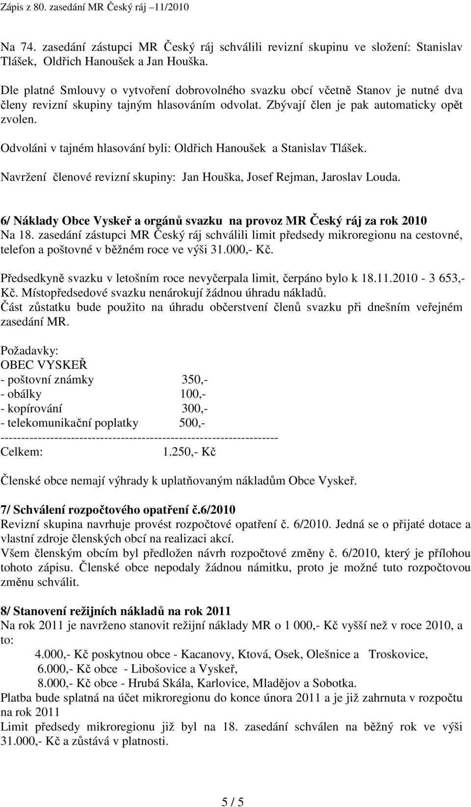 Odvoláni v tajném hlasování byli: Oldřich Hanoušek a Stanislav Tlášek. Navržení členové revizní skupiny: Jan Houška, Josef Rejman, Jaroslav Louda.