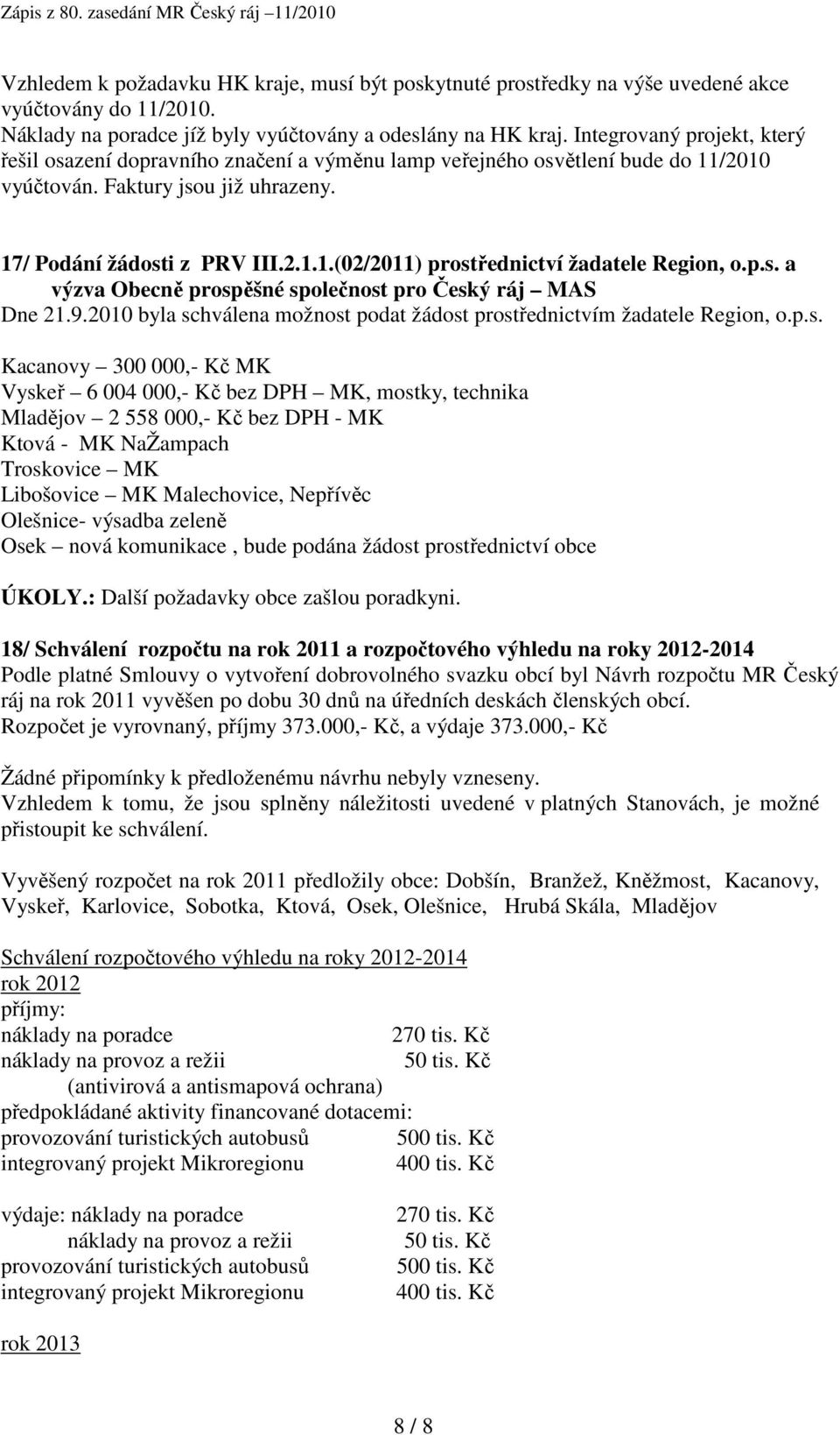 p.s. a výzva Obecně prospěšné společnost pro Český ráj MAS Dne 21.9.2010 byla schválena možnost podat žádost prostřednictvím žadatele Region, o.p.s. Kacanovy 300 000,- Kč MK Vyskeř 6 004 000,- Kč bez