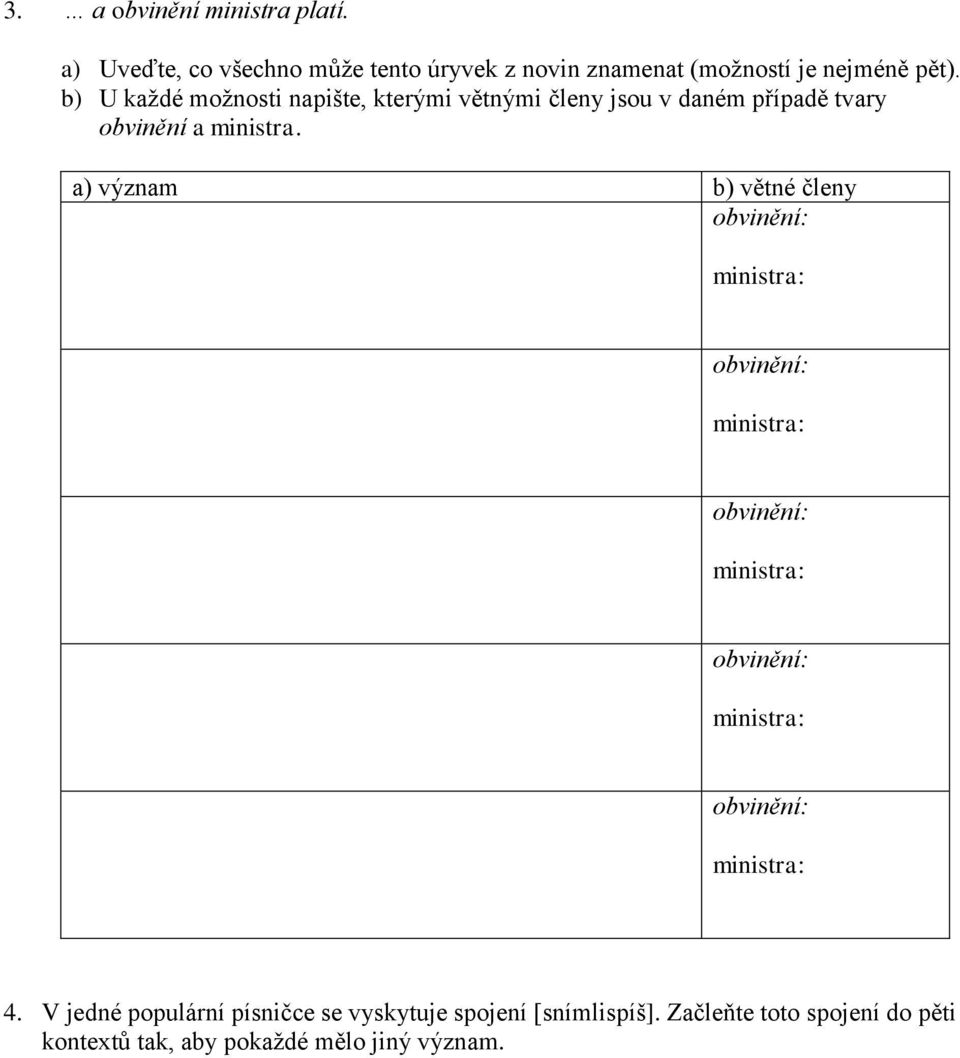 b) U každé možnosti napište, kterými větnými členy jsou v daném případě tvary obvinění a