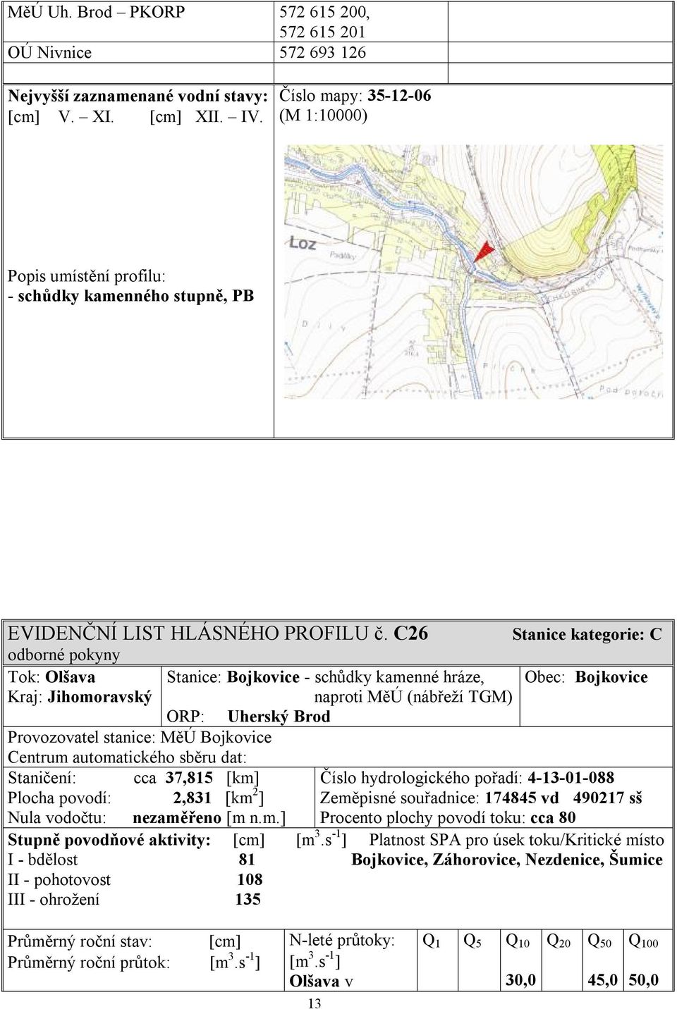 C26 Stanice kategorie: C Tok: Olšava Stanice: Bojkovice - schůdky kamenné hráze, Obec: Bojkovice Kraj: Jihomoravský naproti MěÚ (nábřeží TGM) ORP: Uherský Brod Provozovatel stanice: MěÚ Bojkovice