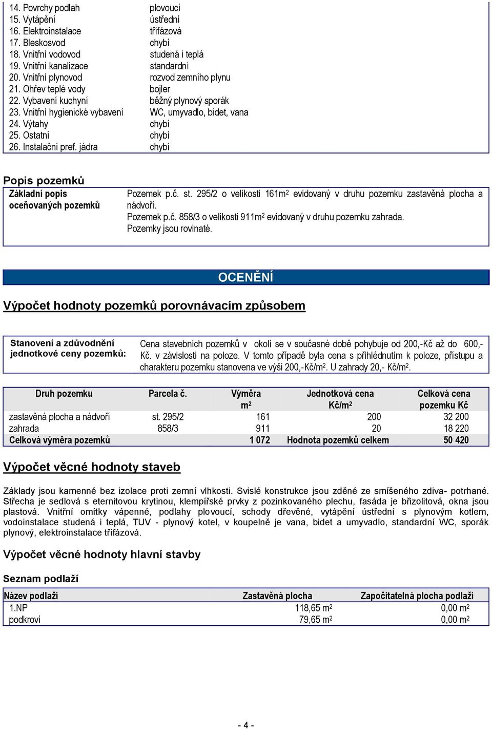 Ostatní chybí 26. Instalační pref. jádra chybí Popis pozemků Základní popis oceňovaných pozemků Pozemek p.č. st. 295/2 o velikosti 161m 2 evidovaný v druhu pozemku zastavěná plocha a nádvoří.