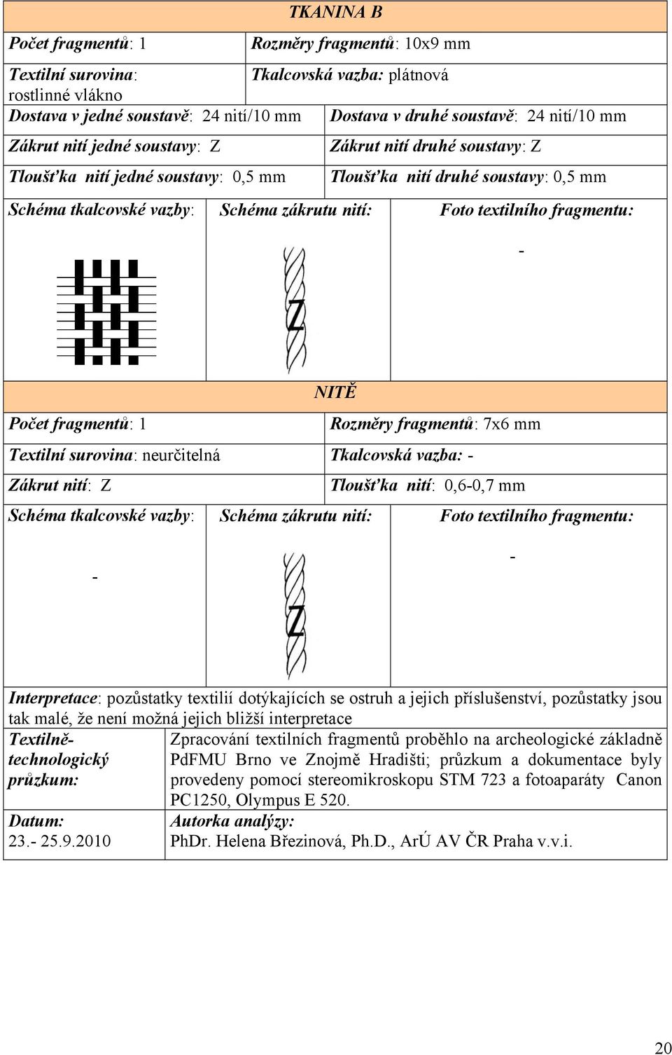 Rozměry fragmentů: 7x6 mm Textilní surovina: neurčitelná Tkalcovská vazba: Zákrut nití: Z Tloušťka nití: 0,60,7 mm Interpretace: