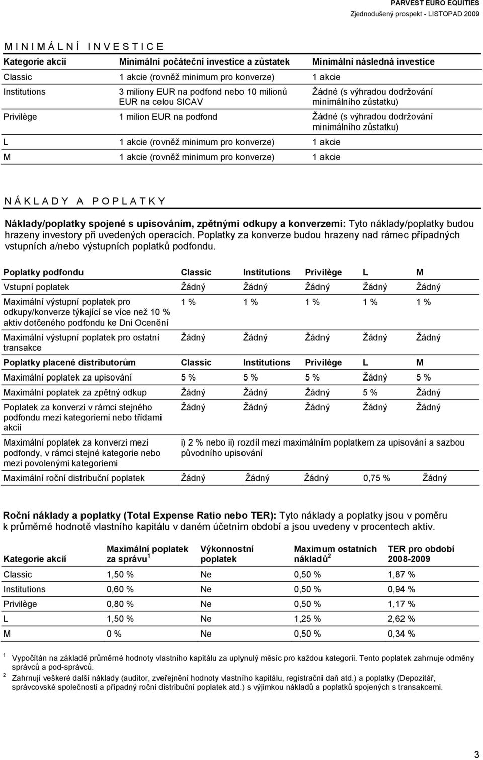 konverze) akcie M akcie (rovněž minimum pro konverze) akcie NÁKLADY A POPLATKY Náklady/poplatky spojené s upisováním, zpětnými odkupy a konverzemi: Tyto náklady/poplatky budou hrazeny investory při