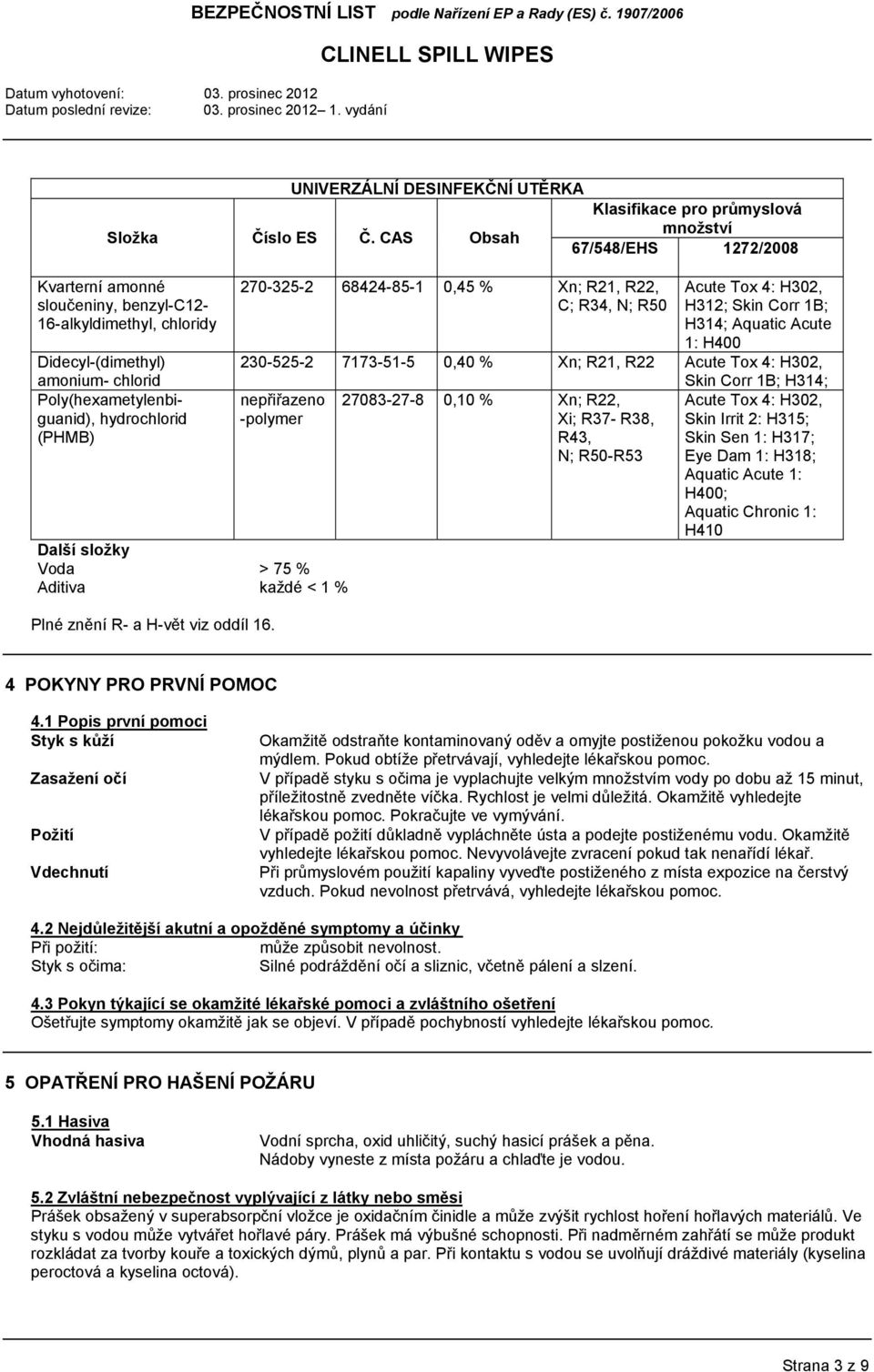 hydrochlorid (PHMB) Další složky Voda > 75 % Aditiva každé < 1 % Plné znění R- a H-vět viz oddíl 16.