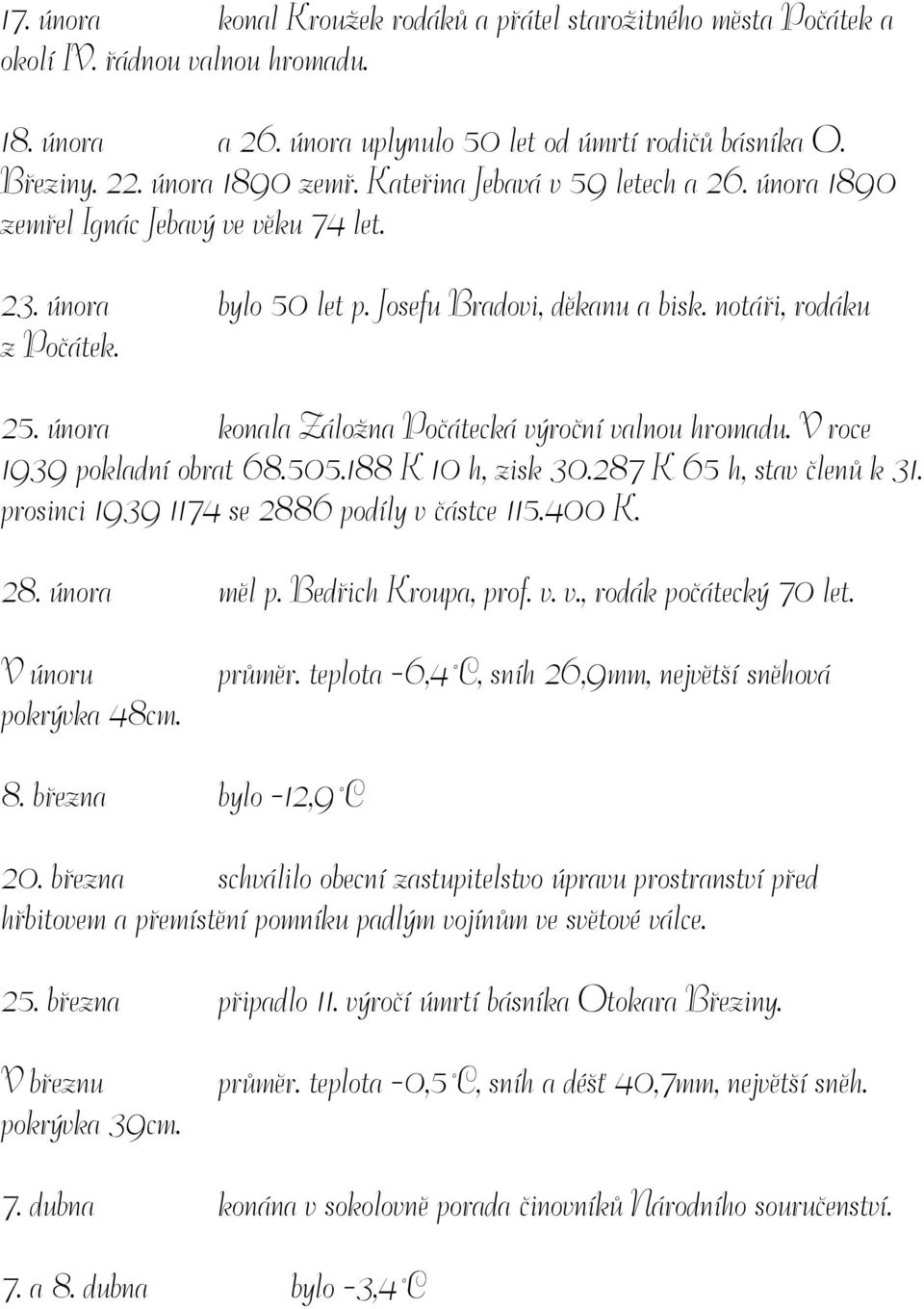 února konala Záložna Počátecká výroční valnou hromadu. V roce 1939 pokladní obrat 68.505.188 K 10 h, zisk 30.287 K 65 h, stav členů k 31. prosinci 1939 1174 se 2886 podíly v částce 115.400 K. 28. února měl p.