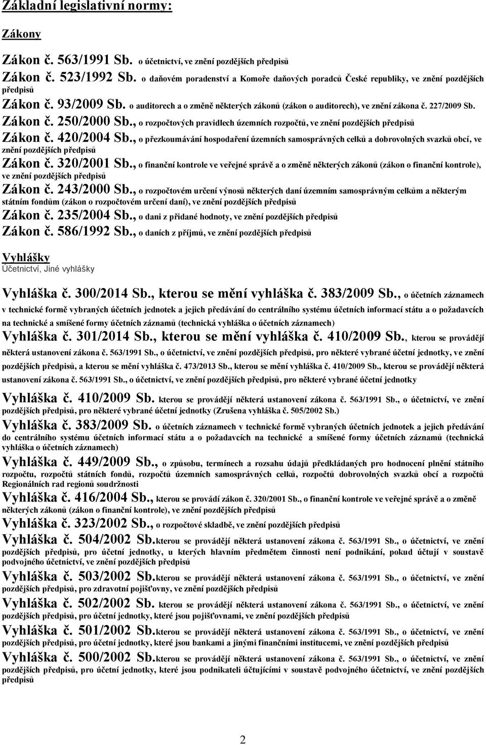 227/2009 Sb. Zákon č. 250/2000 Sb., o rozpočtových pravidlech územních rozpočtů, ve znění pozdějších předpisů Zákon č. 420/2004 Sb.