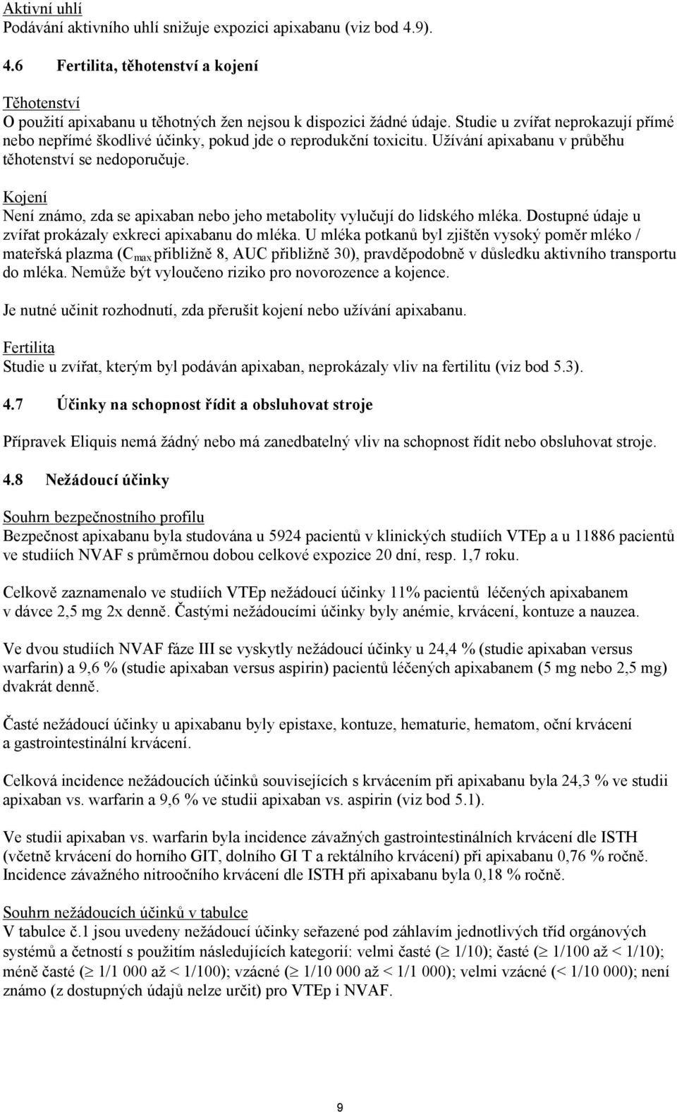 Kojení Není známo, zda se apixaban nebo jeho metabolity vylučují do lidského mléka. Dostupné údaje u zvířat prokázaly exkreci apixabanu do mléka.