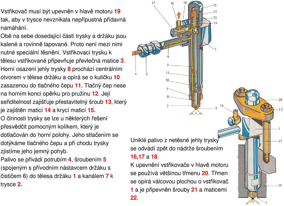 Horní osazení jehly trysky 8 prochází centrálním otvorem v tělese držáku a opírá se o kuličku 10 zasazenou do tlačného čepu 11. Tlačný čep nese na horním konci opěrku pro pružinu 12.