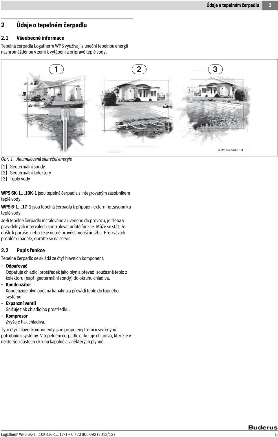 1 Akumulovaná sluneční energie [1] Geotermální sondy [2] Geotermální kolektory [3] Teplo vody 6 720 614 540-01.2I WPS 6K-1...10K-1 jsou tepelná čerpadla s integrovaným zásobníkem teplé vody. WPS 6-1.