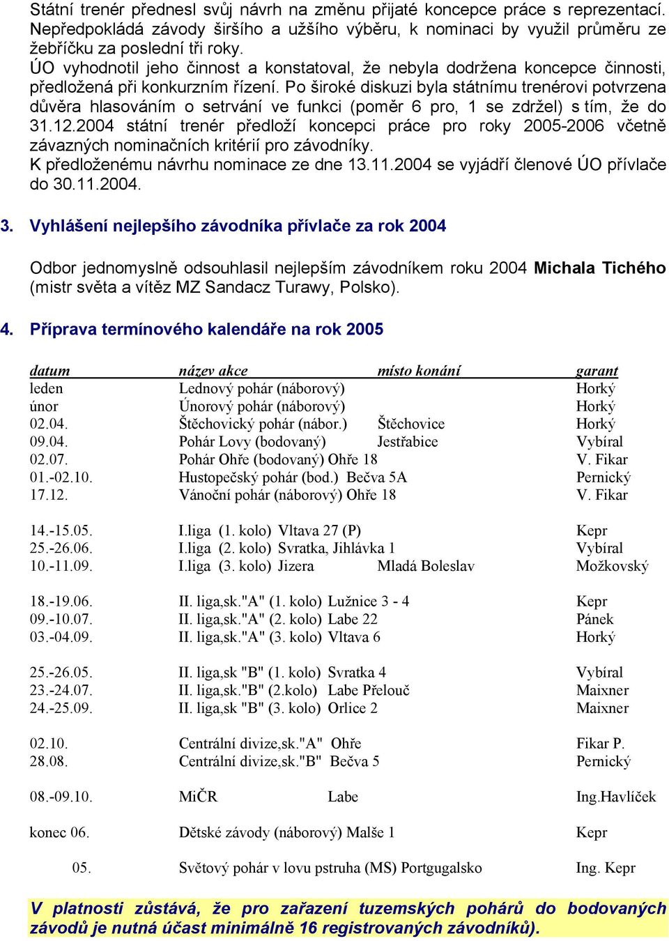 Po široké diskuzi byla státnímu trenérovi potvrzena důvěra hlasováním o setrvání ve funkci (poměr 6 pro, 1 se zdržel) s tím, že do 31.12.