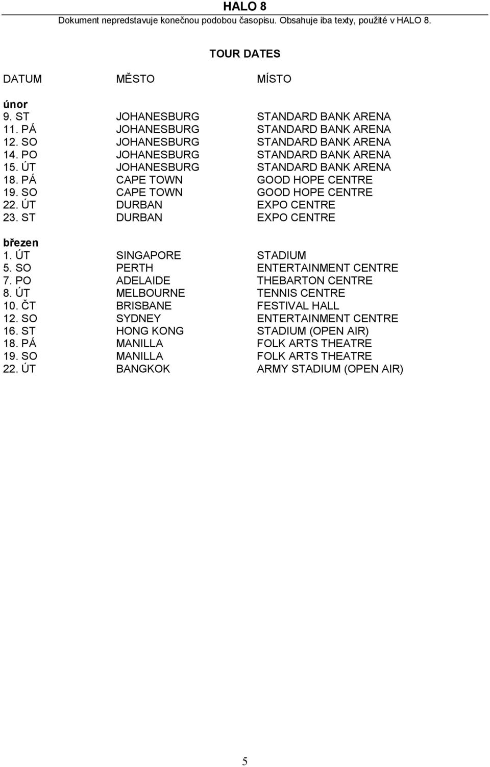 ST DURBAN EXPO CENTRE březen 1. ÚT SINGAPORE STADIUM 5. SO PERTH ENTERTAINMENT CENTRE 7. PO ADELAIDE THEBARTON CENTRE 8. ÚT MELBOURNE TENNIS CENTRE 10.