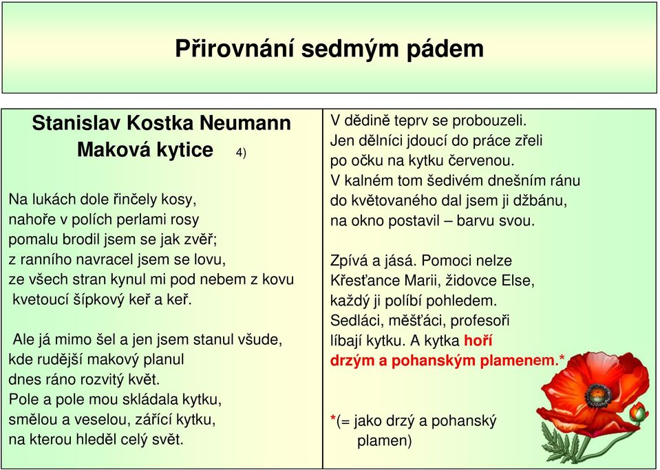 Pole a pole mou skládala kytku, smělou a veselou, zářící kytku, na kterou hleděl celý svět. V dědině teprv se probouzeli. Jen dělníci jdoucí do práce zřeli po očku na kytku červenou.