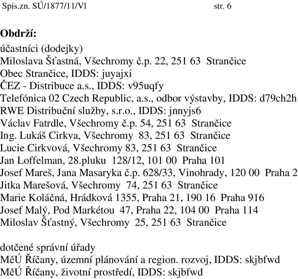 Lukáš Cirkva, Všechromy 83, 251 63 Strančice Lucie Cirkvová, Všechromy 83, 251 63 Strančice Jan Loffelman, 28.pl