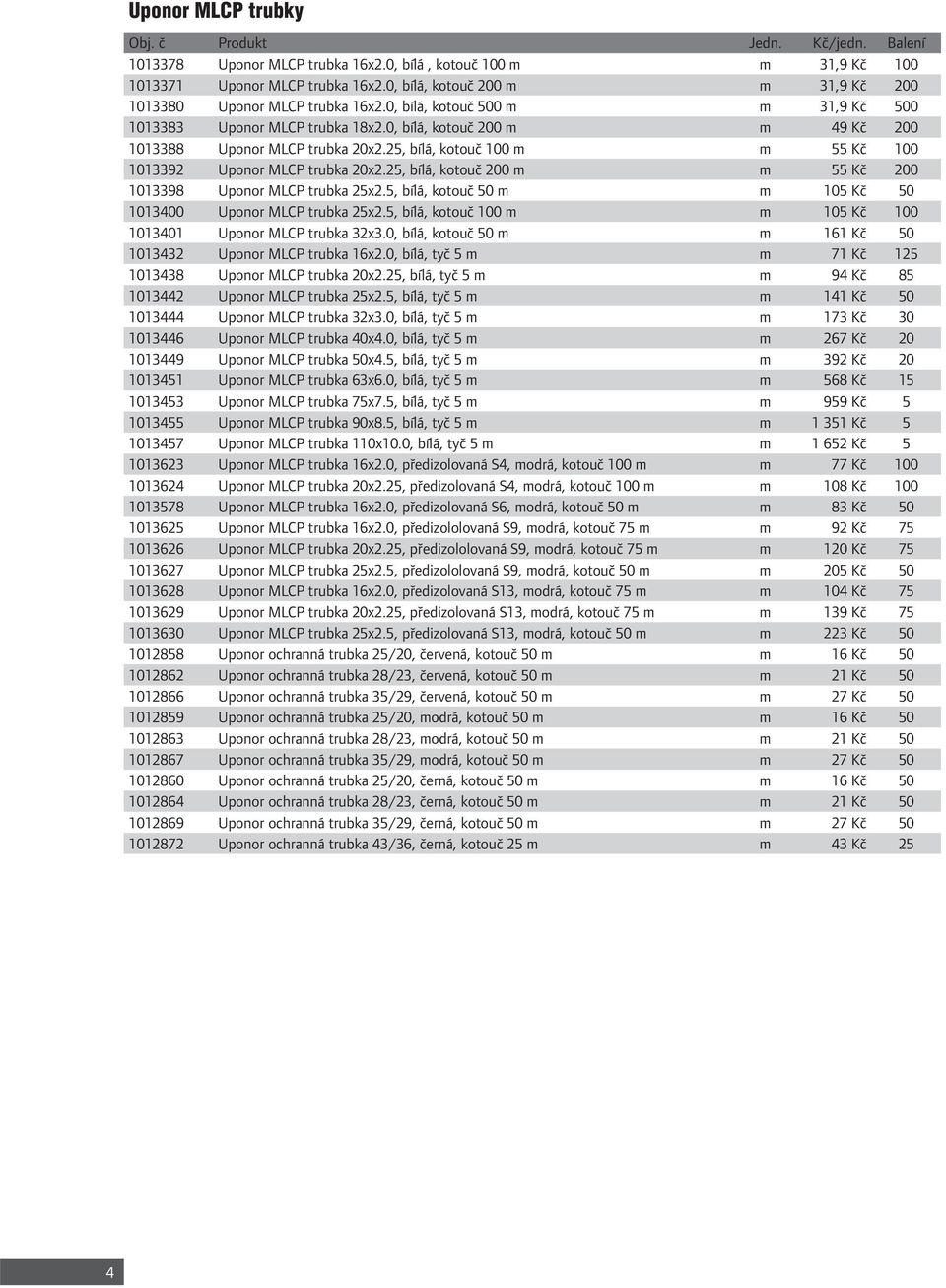 25, bílá, kotouč 100 m m 55 Kč 100 1013392 Uponor MLCP trubka 20x2.25, bílá, kotouč 200 m m 55 Kč 200 1013398 Uponor MLCP trubka 25x2.5, bílá, kotouč 50 m m 105 Kč 50 1013400 Uponor MLCP trubka 25x2.