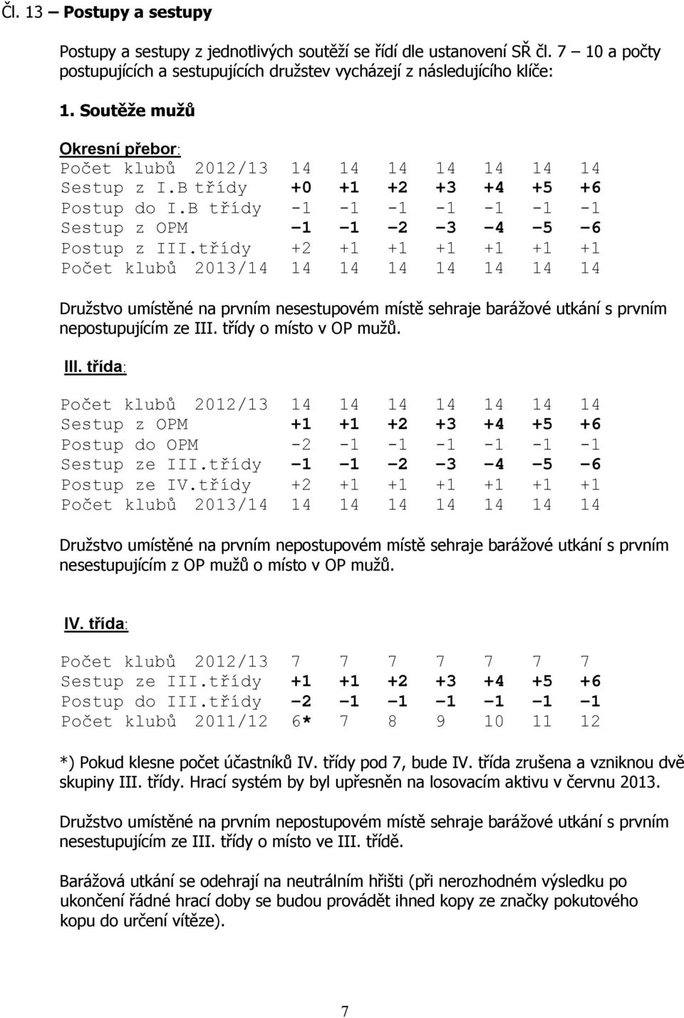 třídy +2 +1 +1 +1 +1 +1 +1 Počet klubů 2013/14 14 14 14 14 14 14 14 Družstvo umístěné na prvním nesestupovém místě sehraje barážové utkání s prvním nepostupujícím ze III.