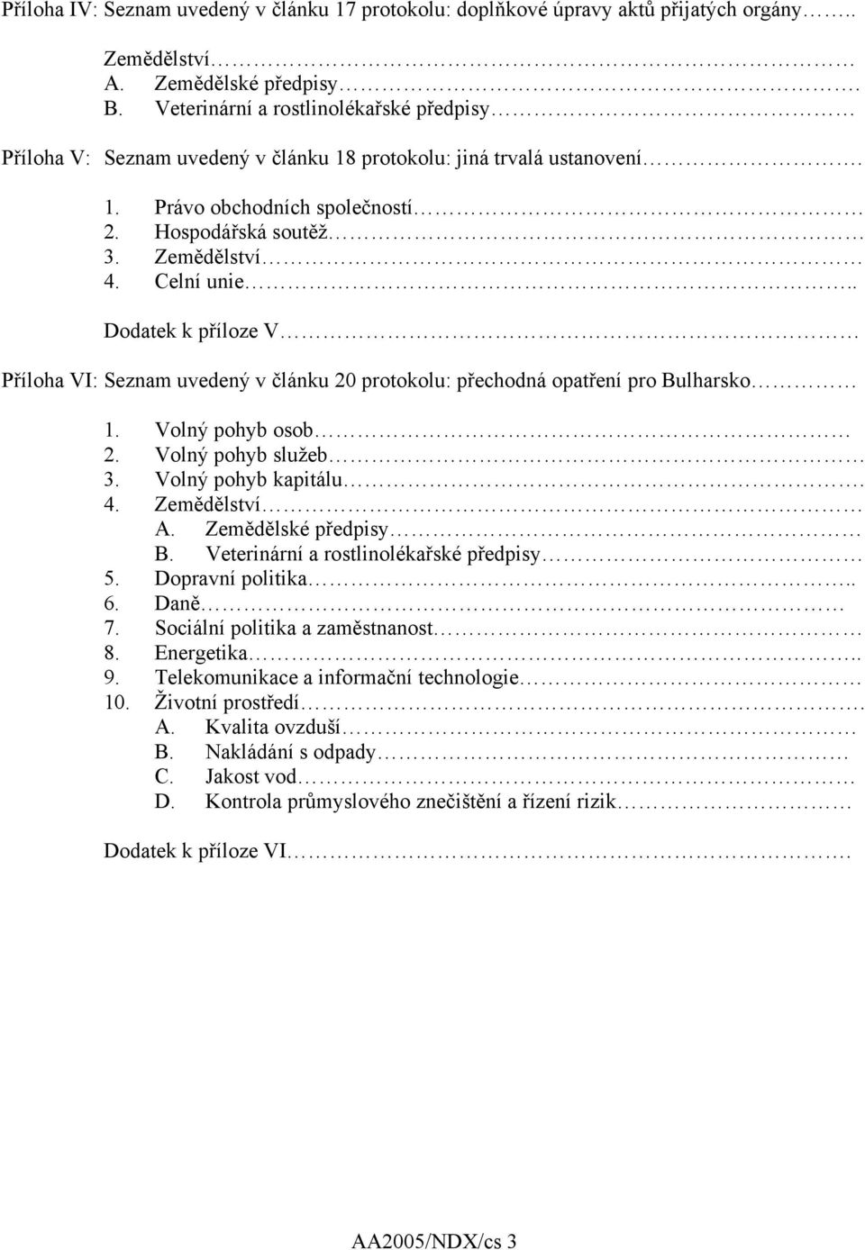 . Dodatek k příloze V Příloha VI: Seznam uvedený v článku 20 protokolu: přechodná opatření pro Bulharsko 1. Volný pohyb osob 2. Volný pohyb služeb 3. Volný pohyb kapitálu. 4. Zemědělství A.