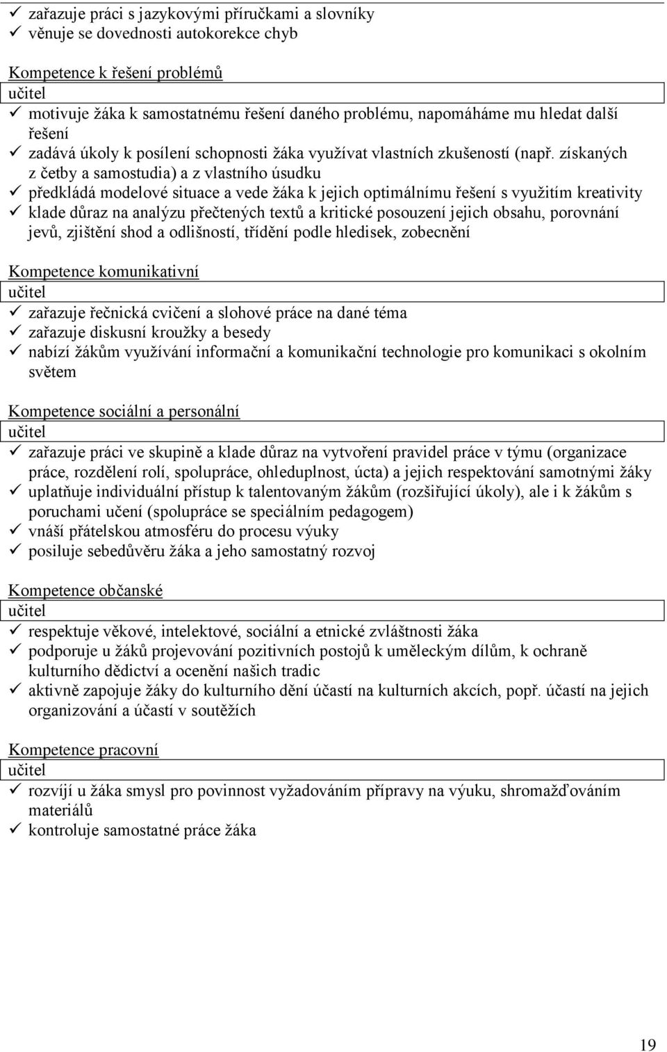 získaných z četby a samostudia) a z vlastního úsudku předkládá modelové situace a vede žáka k jejich optimálnímu řešení s využitím kreativity klade důraz na analýzu přečtených textů a kritické