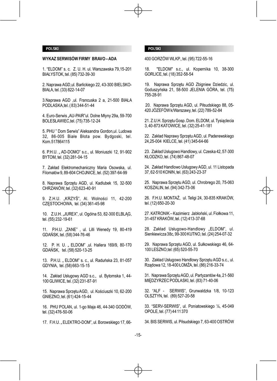 Ludowa 32, 86-005 Białe Błota pow. Bydgoski, tel. Kom.517864115 6. P.H.U. AD-DOMO s.c., ul. Moniuszki 12, 91-902 BYTOM, tel. (32) 281-04-15 7. Zakład Elektromechaniczny Maria Osowska, ul.