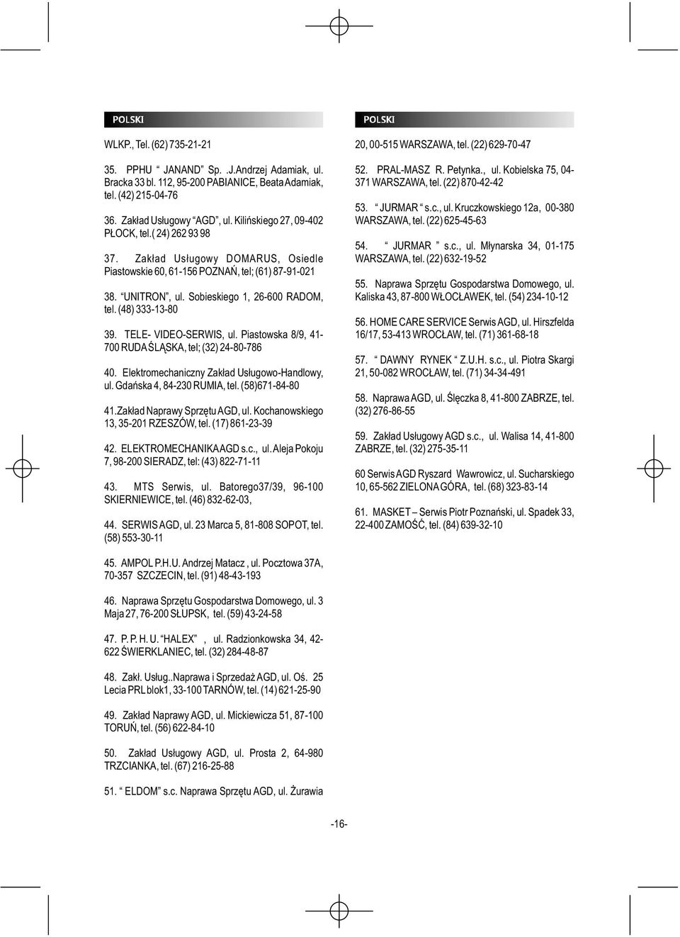 (48) 333-13-80 39. TELE- VIDEO-SERWIS, ul. Piastowska 8/9, 41-700 RUDA ŚLĄSKA, tel; (32) 24-80-786 40. Elektromechaniczny Zakład Usługowo-Handlowy, ul. Gdańska 4, 84-230 RUMIA, tel. (58)671-84-80 41.