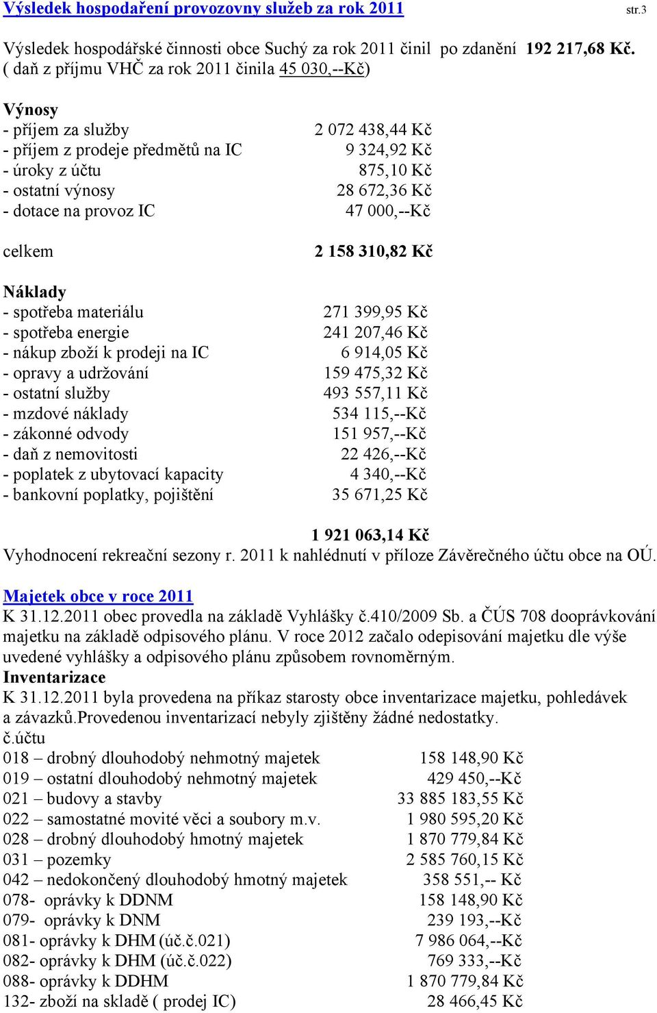 dotace na provoz IC 47 000,--Kč celkem 2 158 310,82 Kč Náklady - spotřeba materiálu 271 399,95 Kč - spotřeba energie 241 207,46 Kč - nákup zboží k prodeji na IC 6 914,05 Kč - opravy a udržování 159