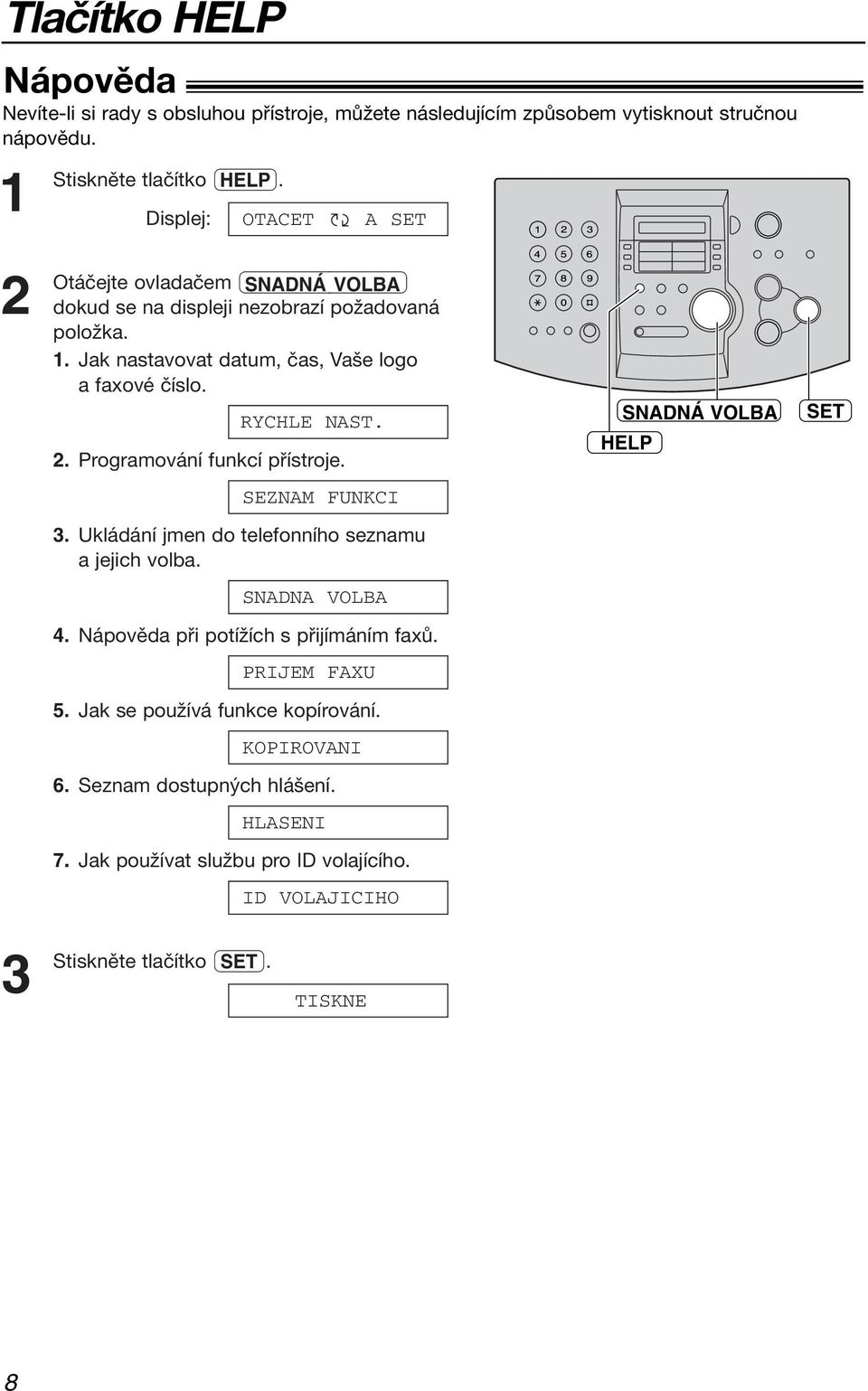 . Programování funkcí přístroje. SNADNÁ VOLBA HELP SET SEZNAM FUNKCI 3. Ukládání jmen do telefonního seznamu a jejich volba. SNADNA VOLBA 4.