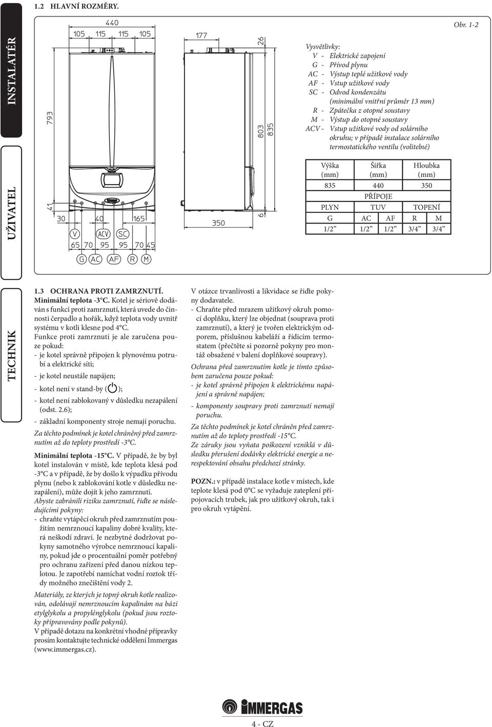 soustavy M - Výstup do otopné soustavy ACV - Vstup užitkové vody od solárního okruhu; v případě instalace solárního termostatického ventilu (volitelné) Výška (mm) Šířka (mm) Hloubka (mm) 835 440 350