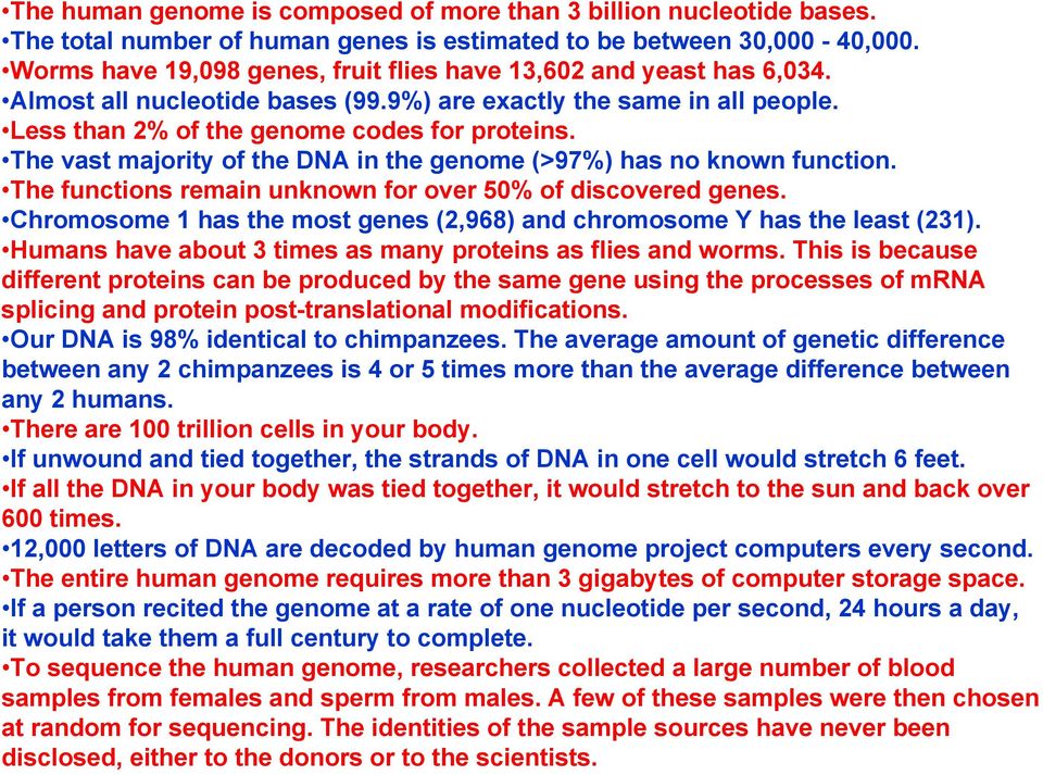 The vast majority of the DNA in the genome (>97%) has no known function. The functions remain unknown for over 50% of discovered genes.