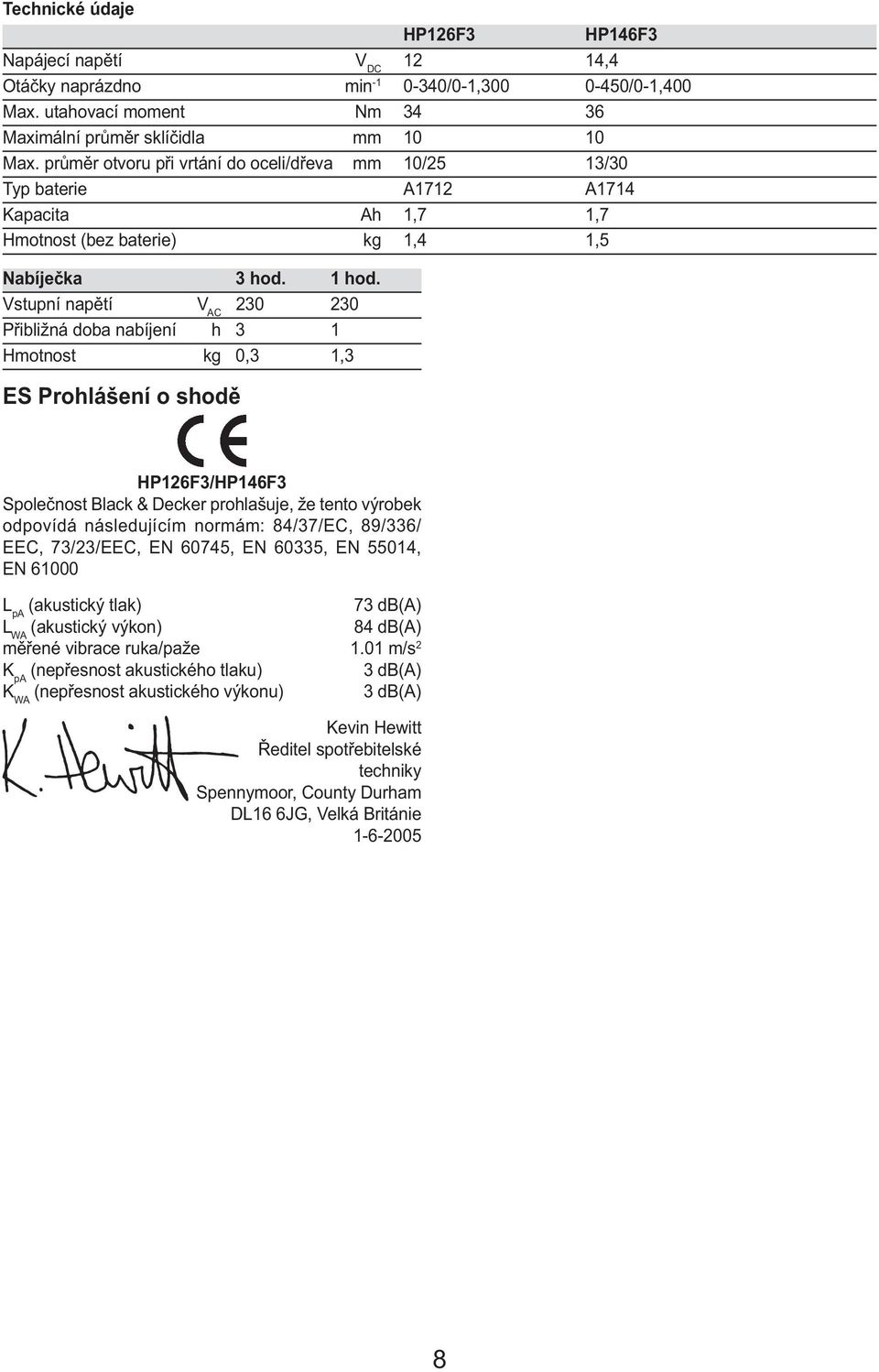 Vstupní napětí V AC 230 230 Přibližná doba nabíjení h 3 1 Hmotnost kg 0,3 1,3 ES Prohlášení o shodě HP126F3/HP146F3 Společnost Black & Decker prohlašuje, že tento výrobek odpovídá následujícím