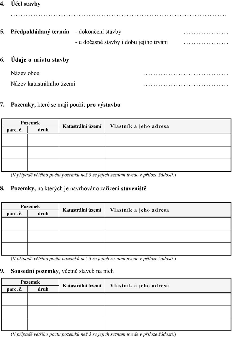 druh Katastrální území Vlastník a jeho adresa (V případě většího počtu pozemků než 3 se jejich seznam uvede v příloze žádosti.) 8. Pozemky, na kterých je navrhováno zařízení staveniště Pozemek parc.