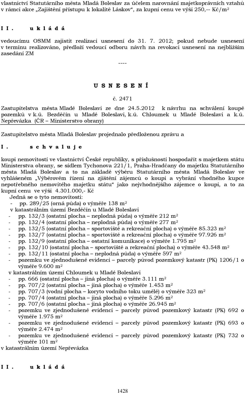 2471 Zastupitelstva města Mladé Boleslavi ze dne 24.5.2012 k návrhu na schválení koupě pozemků v k.ú.