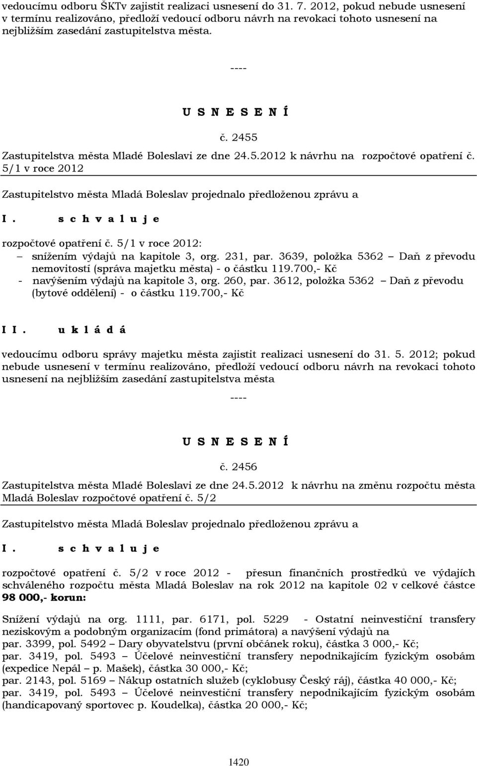 2455 Zastupitelstva města Mladé Boleslavi ze dne 24.5.2012 k návrhu na rozpočtové opatření č. 5/1 v roce 2012 rozpočtové opatření č. 5/1 v roce 2012: snížením výdajů na kapitole 3, org. 231, par.