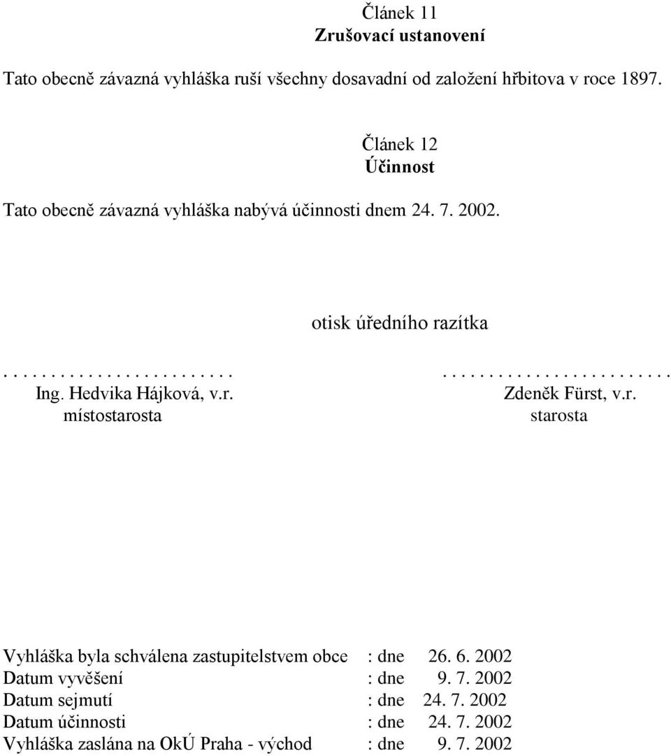 Hedvika Hájková, v.r. Zdeněk Fürst, v.r. místostarosta starosta Vyhláška byla schválena zastupitelstvem obce : dne 26. 6.