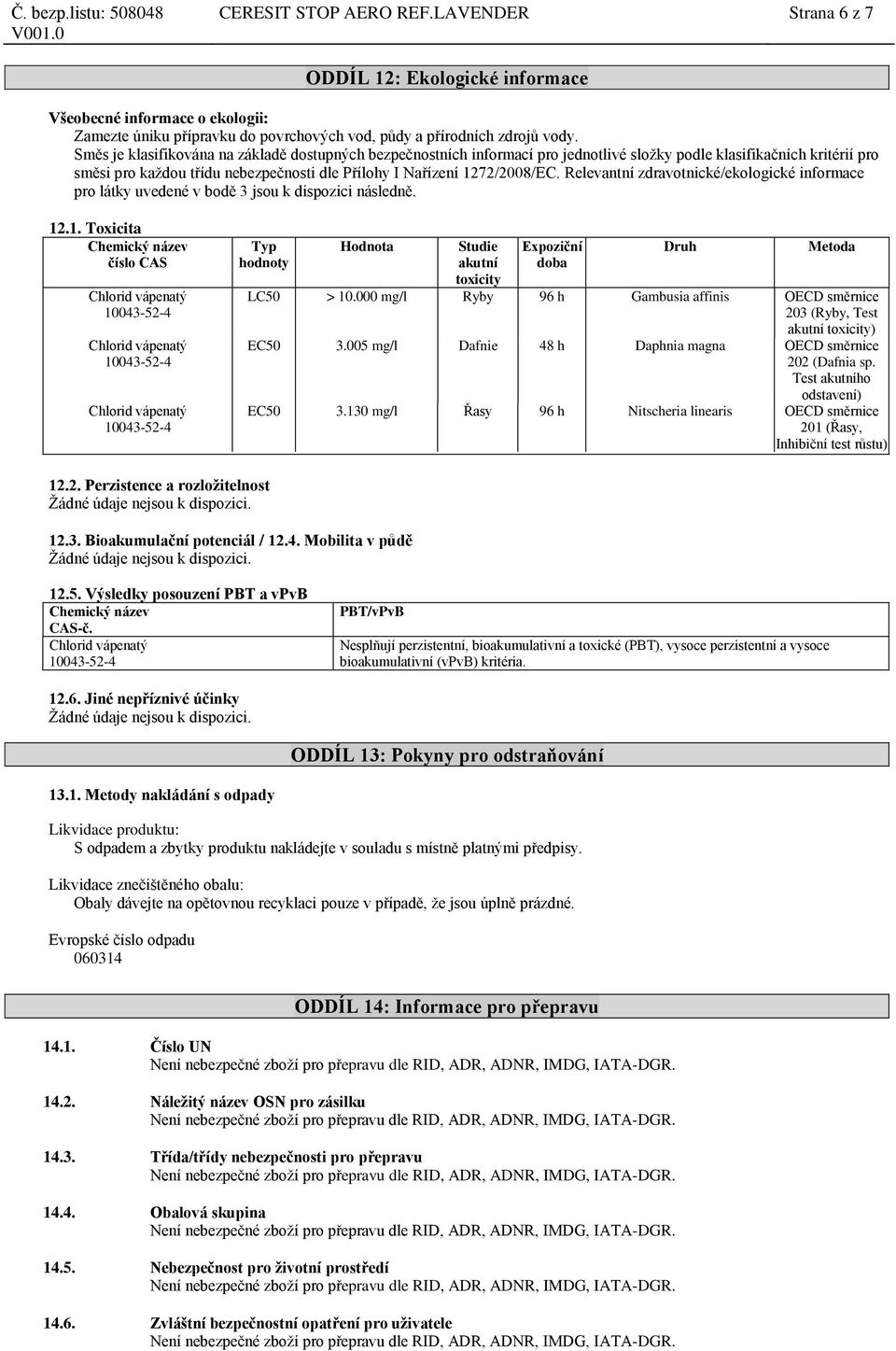 Relevantní zdravotnické/ekologické informace pro látky uvedené v bodě 3 jsou k dispozici následně. 12.1. Toxicita Studie akutní toxicity Expoziční LC50 > 10.