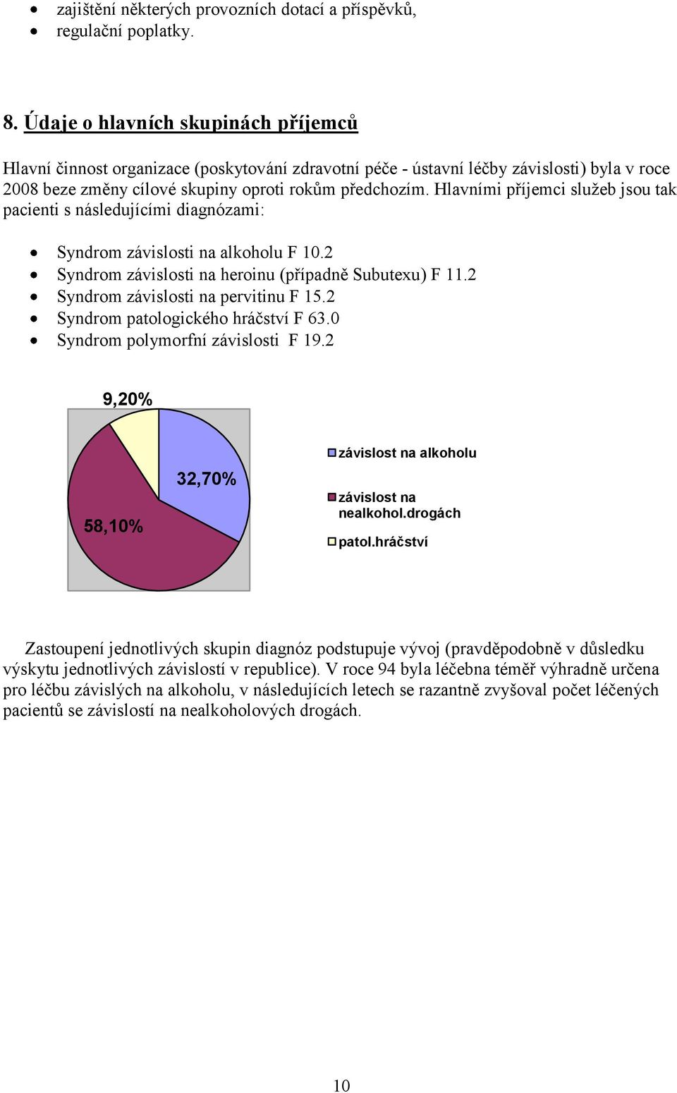 Hlavními příjemci sluţeb jsou tak pacienti s následujícími diagnózami: Syndrom závislosti na alkoholu F 10.2 Syndrom závislosti na heroinu (případně Subutexu) F 11.