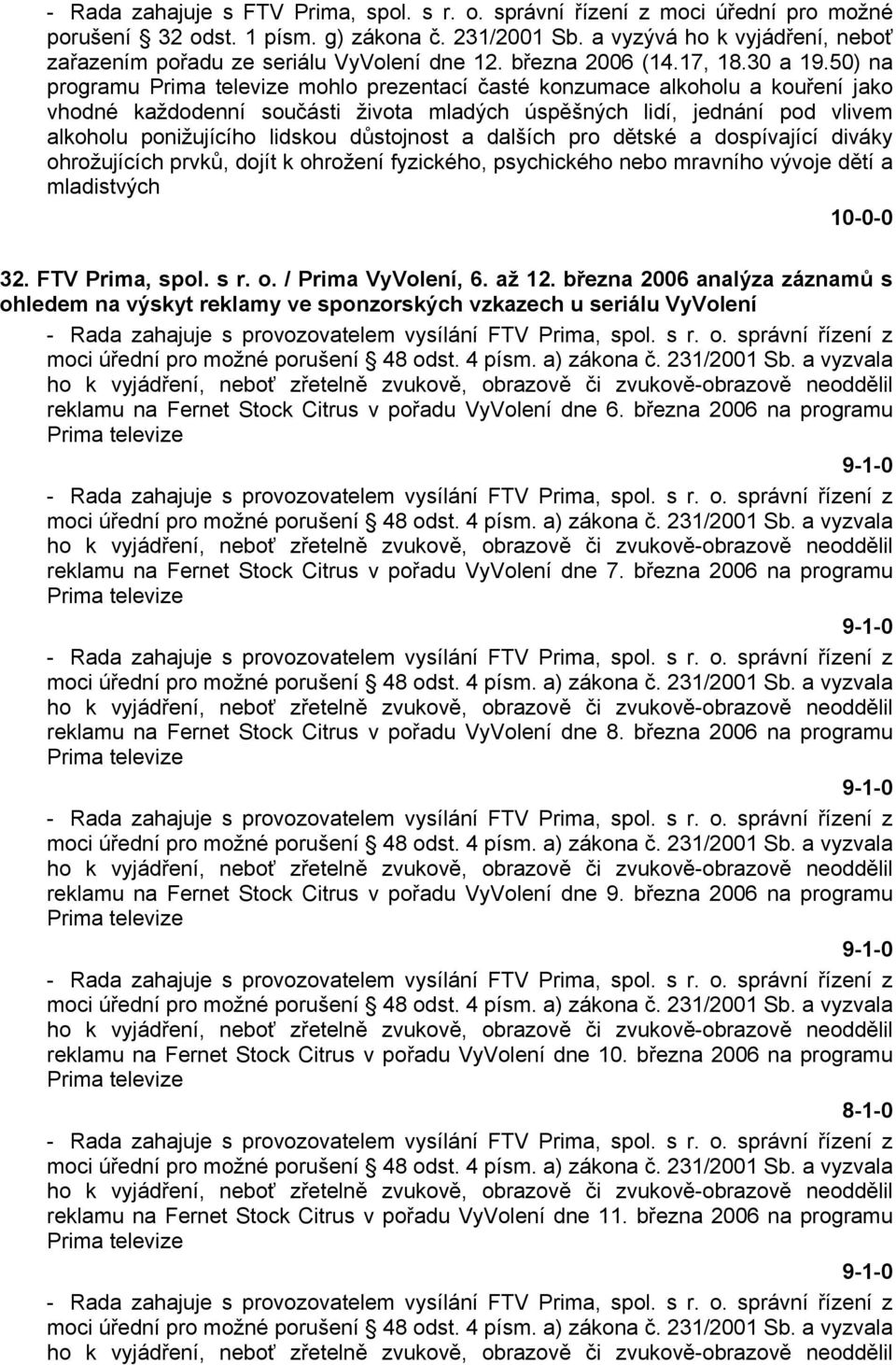 dalších pro dětské a dospívající diváky ohrožujících prvků, dojít k ohrožení fyzického, psychického nebo mravního vývoje dětí a mladistvých 32. FTV Prima, spol. s r. o. / Prima VyVolení, 6. až 12.