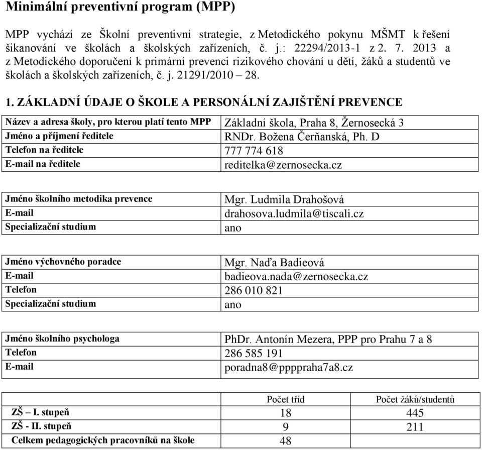 ZÁKLADNÍ ÚDAJE O ŠKOLE A PERSONÁLNÍ ZAJIŠTĚNÍ PREVENCE Název a adresa školy, pro kterou platí tento MPP Základní škola, Praha 8, Žernosecká 3 Jméno a příjmení ředitele RNDr. Božena Čerňanská, Ph.