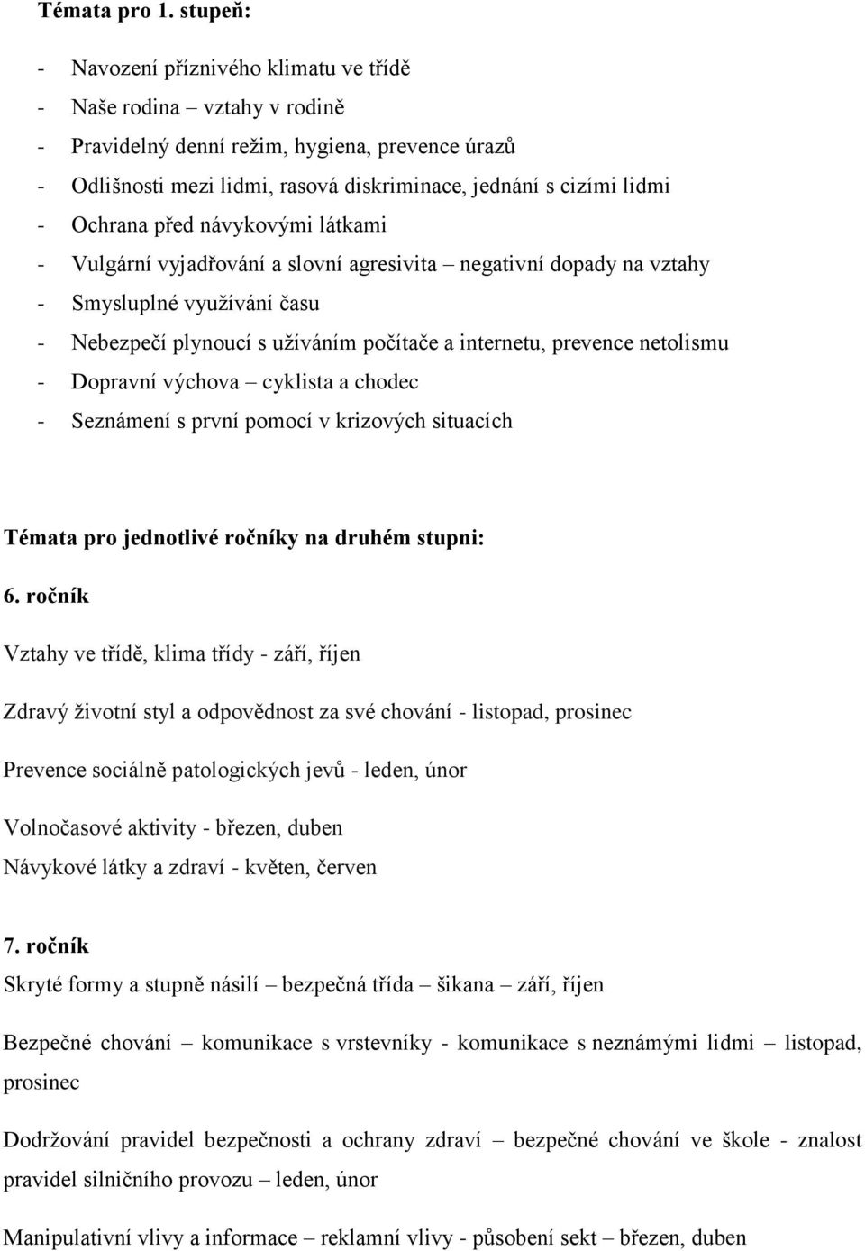 Ochrana před návykovými látkami - Vulgární vyjadřování a slovní agresivita negativní dopady na vztahy - Smysluplné využívání času - Nebezpečí plynoucí s užíváním počítače a internetu, prevence