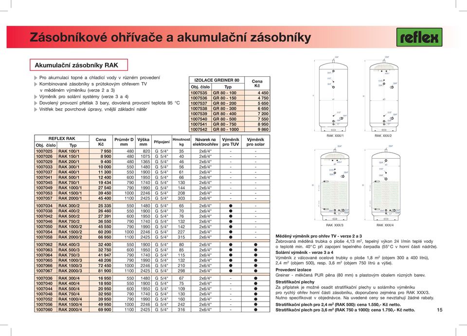 Zásobníkové ořívače a akumulační zásobníky kumulační zásobníky RK Pro akumulaci topné a cladicí vody v různém provedení Kombinované zásobníky s průtokovým ořevem TV v měděném výměníku (verze 2 a 3)