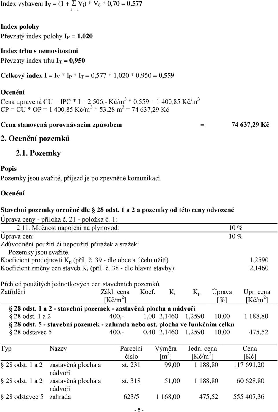 způsobem = 74 637,29 Kč 2. Ocenění pozemků 2.1. Pozemky Popis Pozemky jsou svažité, příjezd je po zpevněné komunikaci. Ocenění Stavební pozemky oceněné dle 28 odst.