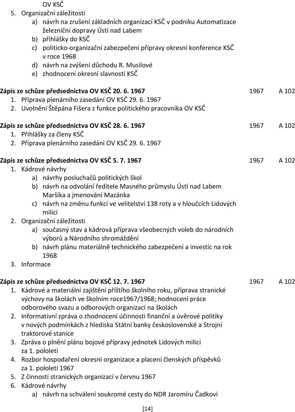 okresní konference KSČ v roce 1968 d) návrh na zvýšení důchodu R. Musilové e) zhodnocení okresní slavnosti KSČ Zápis ze schůze předsednictva OV KSČ 20. 6. 1967 1967 A 102 1.